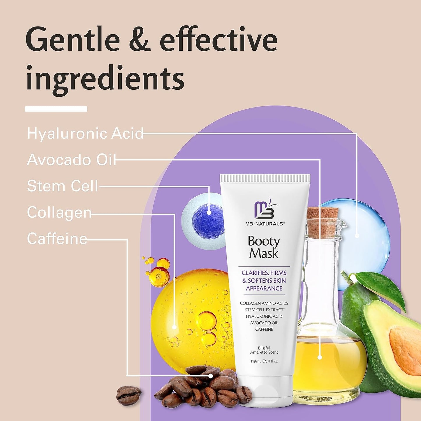 Moisturizing Butt Mask for Women - Butt Firming Mask and Caffeine Cellulite Cream for Thighs and Buttocks with Collagen - Clarifying Butt Firming Cream for Cellulite KP and Dry Skin by M3 Naturals