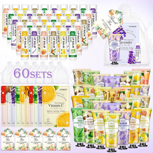 60 Pack Bulk Lip Balm, Facial Mask and Hand Cream Sets, Bridal Shower Favors, Thank You Gifts and Bridesmaid Gifts for Guests, Birthday Gifts, Adult Party Favors and Small Gifts for Women