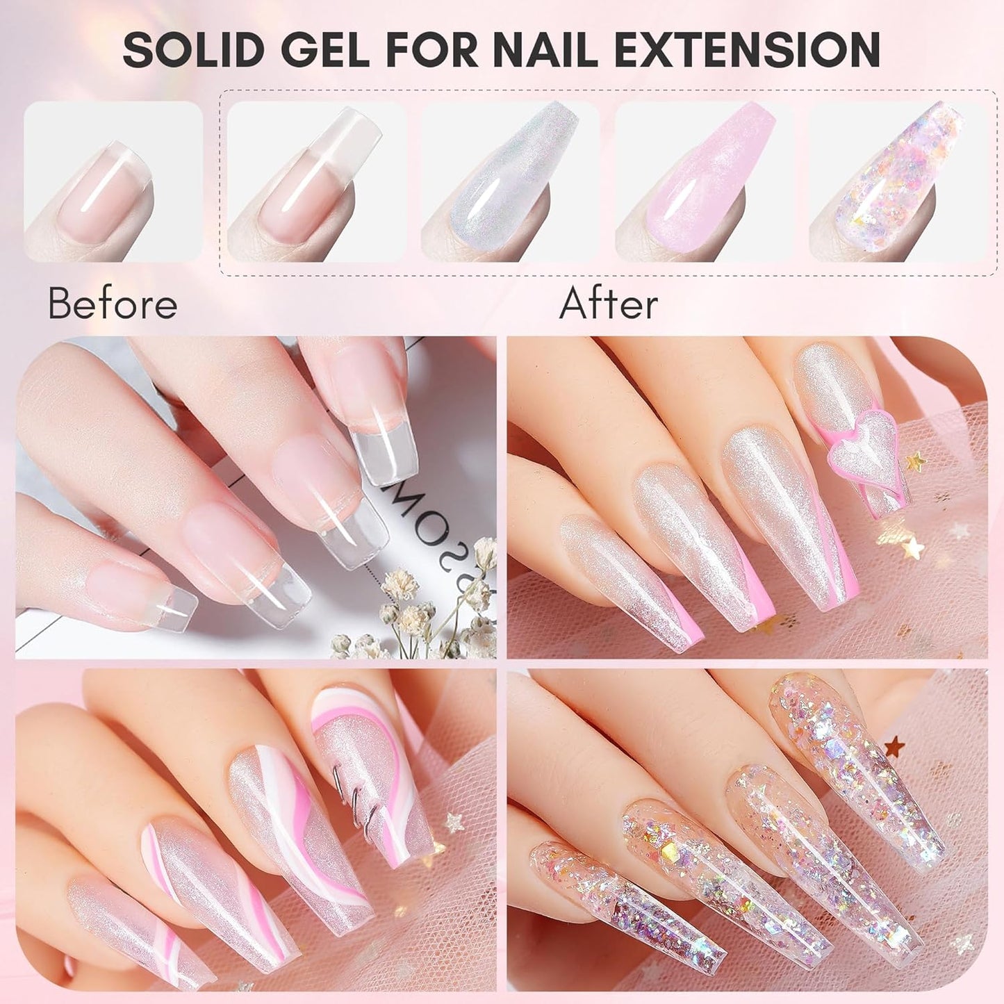 Makartt 3D Nail Gel Art for Nails Starter Kit: 4 Colors 3D Sculpting DIY Manicure Solid Gel Builder Clear and Shimmers for Extension, Molding Hard Gels with Silicone Flower Molds Sculpture Brush