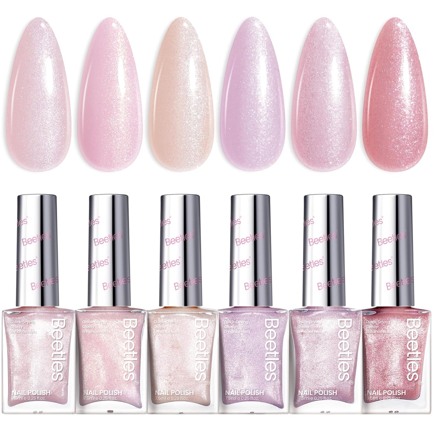 Beetles Pink Nail Polish Set, 6 Colors Glitter Quick Dry Nail Polish Kit Sly Moonlit Fairy Fingernail Polish Gifts for Women Salon DIY Manicure Kit