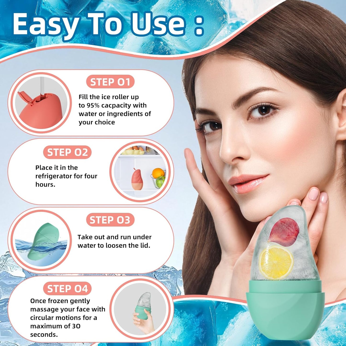 Silicone Facial Ice Cube Roller Massager, Facial Beauty Care Tool, Reusable Face Ice Mold - Brighten Skin, Reduce Puffiness for Face & Eyes (Purple)