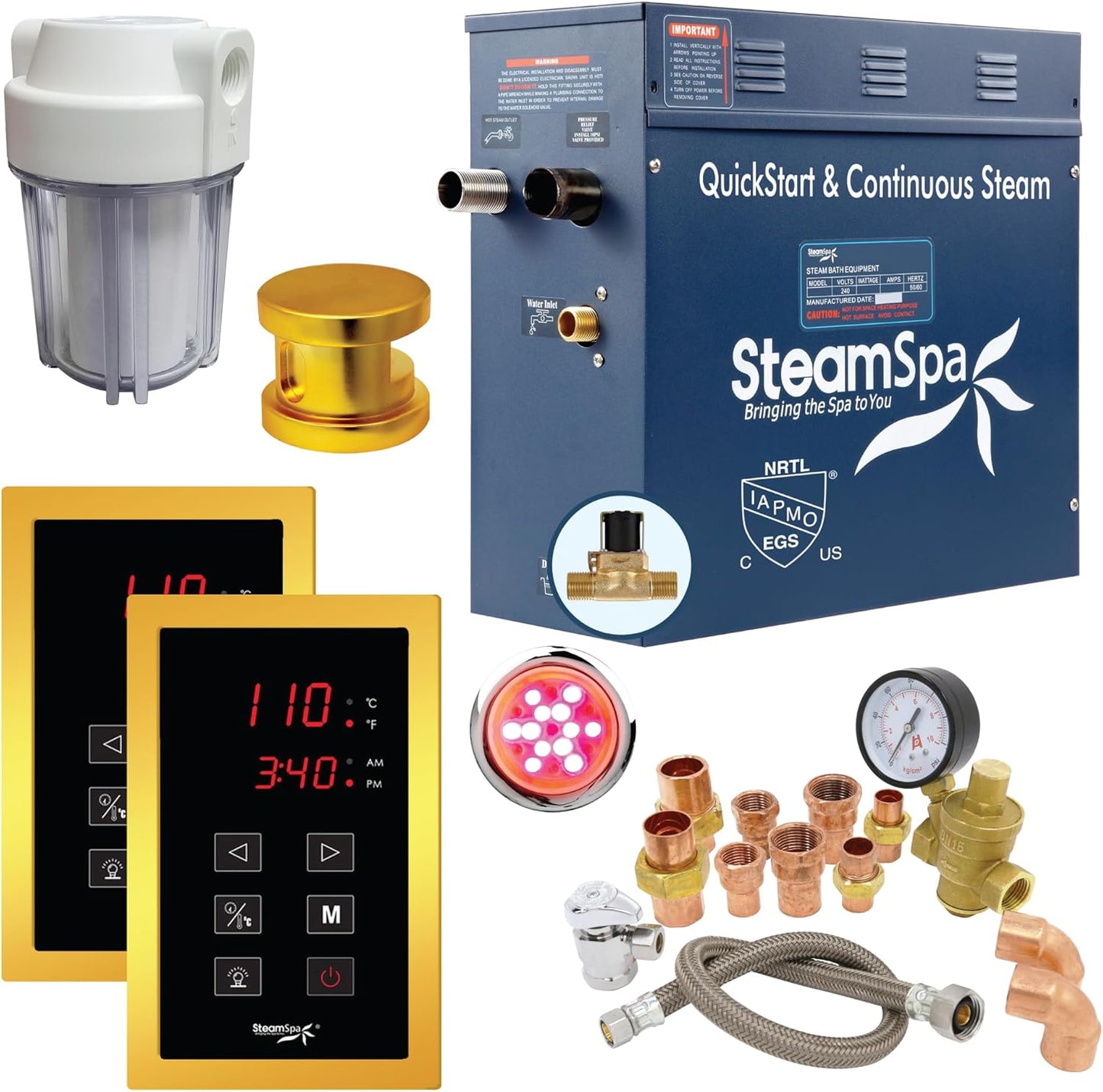 SteamSpa Executive 4.5 KW QuickStart ACU-Steam Bath Generator Package with Built-in Auto Drain and Install Kit in Polished Gold,Steam Generator Kit with Dual Control Panel Steamhead 240V EXT450GD-A