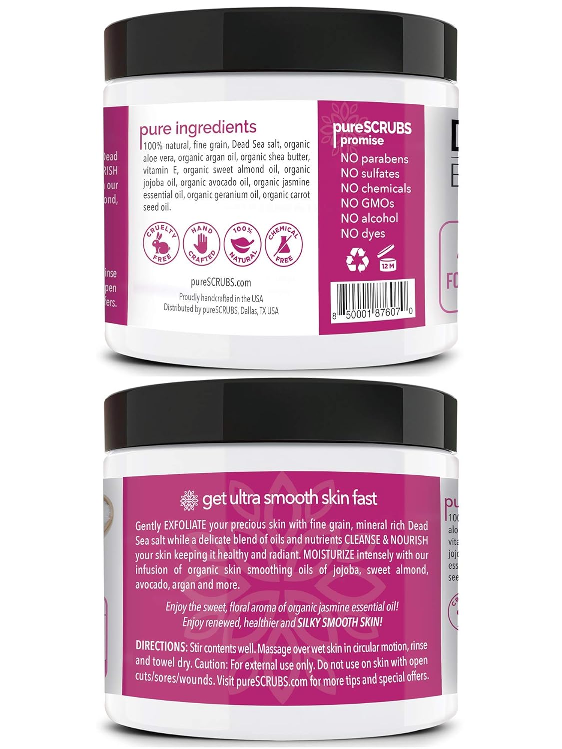 pureSCRUBS Premium Jasmine Body Scrub Set - Large 16oz Dead Sea Salt Body Scrub With Infused Essential Oils & Nutrients Includes Wooden Spoon, Loofah & Oatmeal Exfoliating Bar Soap