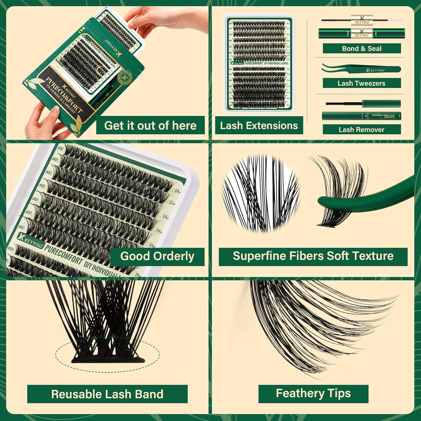 KEYYOU DIY Lash Extension Kit 280pcs Soft Lash Clusters 60D+80D C Curl Easy to use with Lash Bond and Seal Lash Applicator Lash Remover Eyelash Extension Kit at Home(RMkit-60D80D-C-10-18mix)