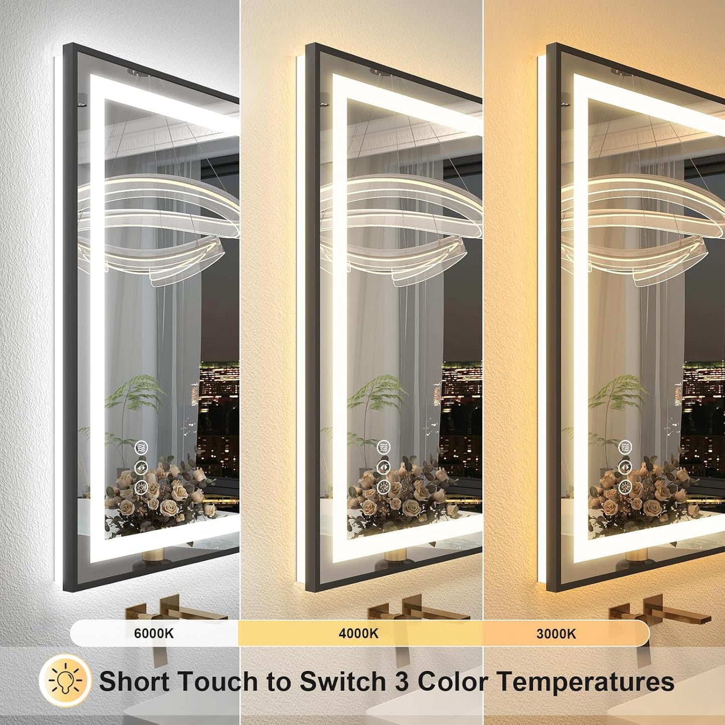 OKPAL 68x36 Black LED Bathroom Mirror with Lights, Frontlit & Backlit LED Mirror for Bathroom, Lighted Bathroom Vanity Mirror, Anti-Fog, Dimmable 3 Colors, Shatterproof, Horizontal/Vertical
