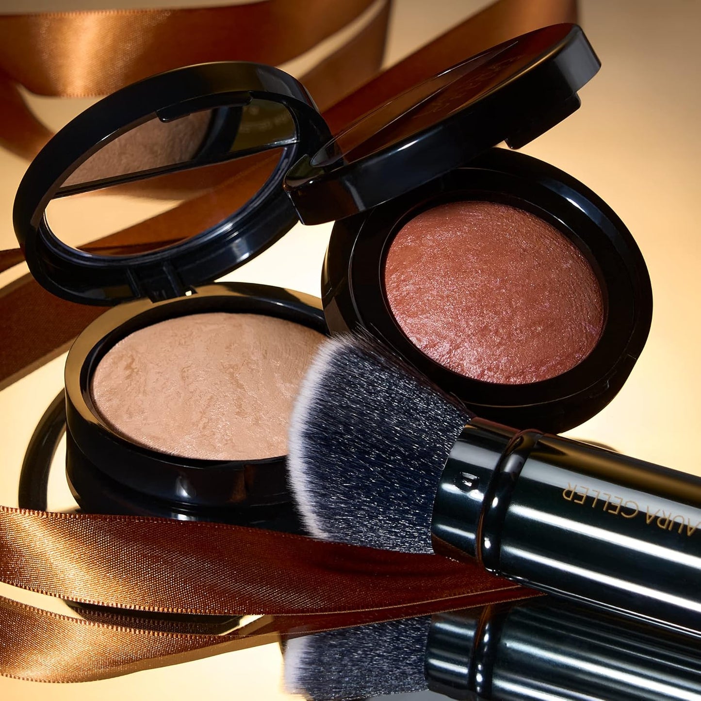 LAURA GELLER NEW YORK Baked Balance-N-Glow Illuminating Powder Foundation, Medium + Retractable Kabuki Brush + Baked Blush-N-Brighten, Pink Grapefruit