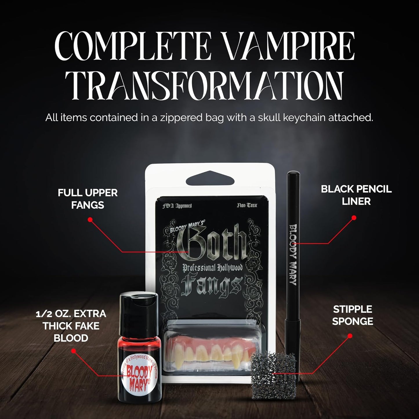 Vampire SFX Makeup Kit - Deluxe Wicked Bite Special Effects Face Makeup with 1/2 Oz. Extra Thick Fake Blood, Black Pencil Liner, Vampire Fangs and Stipple Sponge for Halloween or Stage - Bloody Mary