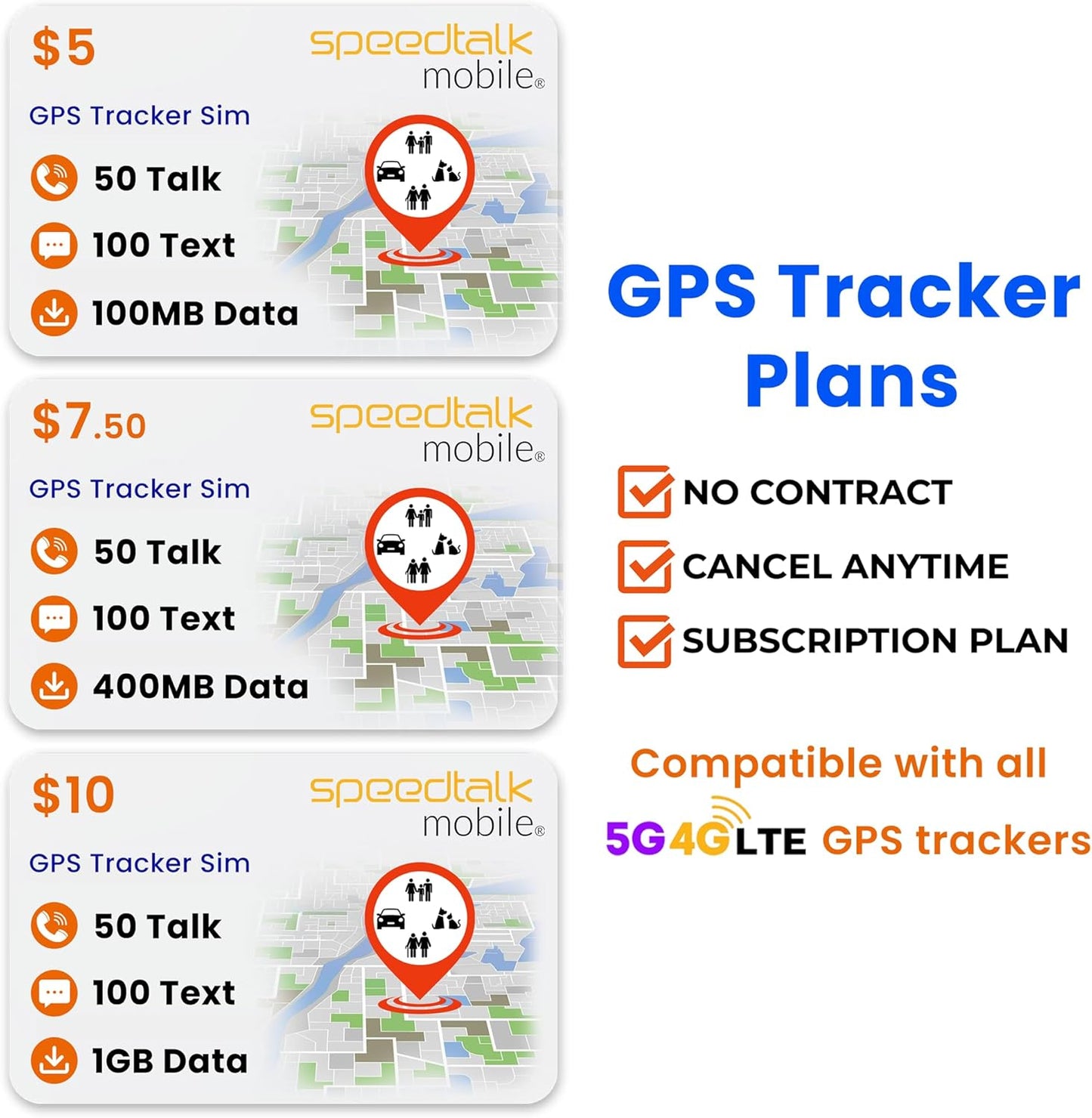 SpeedTalk Mobile $5Prepaid SIM Card for 5G 4G LTE GPS Trackers for Pet s, Kids, Senior, Vehicle OBD, IoT, Car Tracker Devices | 30 Days Wireless Service in The USA