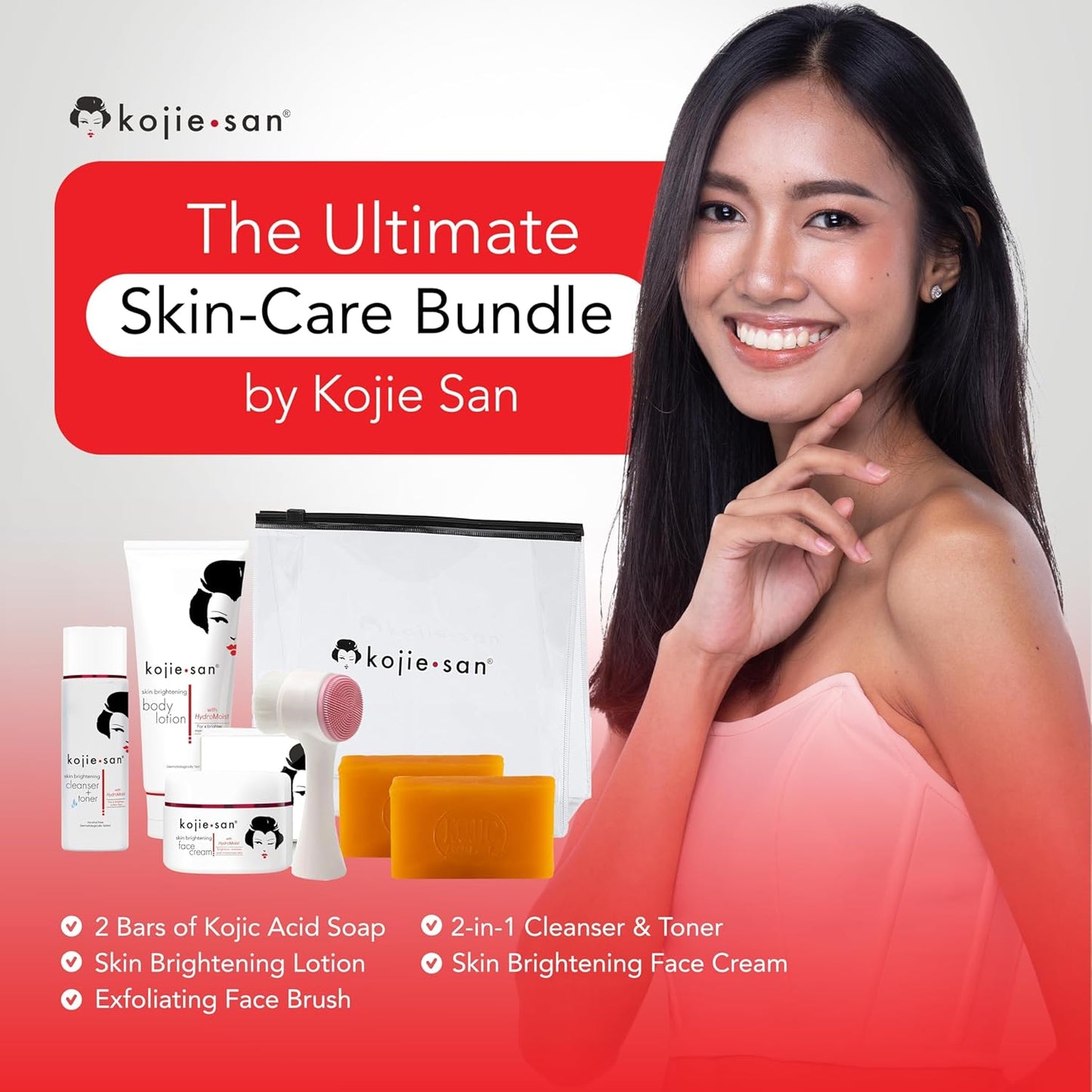 Kojie San Face & Body Complete Brightening Mini Set - 65 Gram x 2 Bars Soap, Body Lotion, Face Cream, and Facial Cleansing Brush