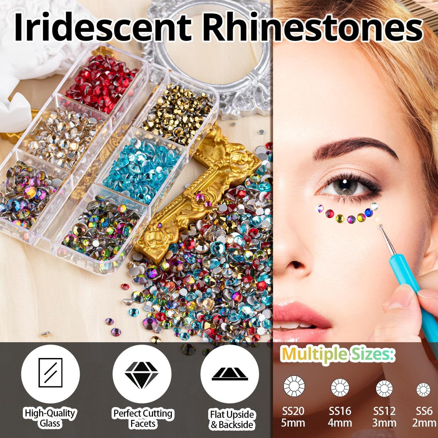 Colorful Face Gems for Makeup Set, Flatback Gorgeous Glass Clear Gems+Mixed-Colored Crystals with Picker Pencil, Makeup Glue, Dual-End Dotting Tool, Tweezer for Eye Body Hair Make-up and Nail Art Deco
