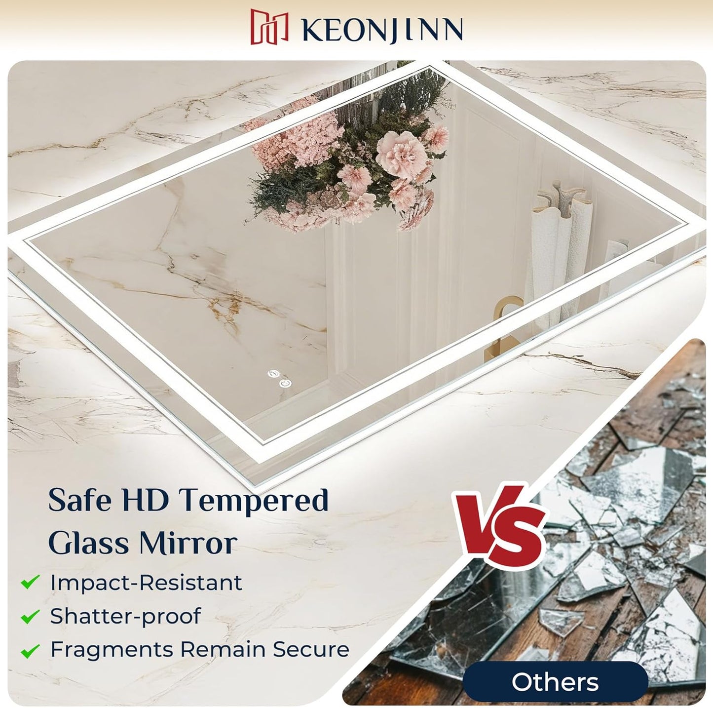 Keonjinn 72" x 36" LED Mirror with Frontlit & Backlit, Lighted Bathroom Mirror, HD Tempered Glass, Stepless Dimmable 3 Color Lights, Safe Defogger, UL-Listed, Oversized Light Up Bathroom Vanity Mirror