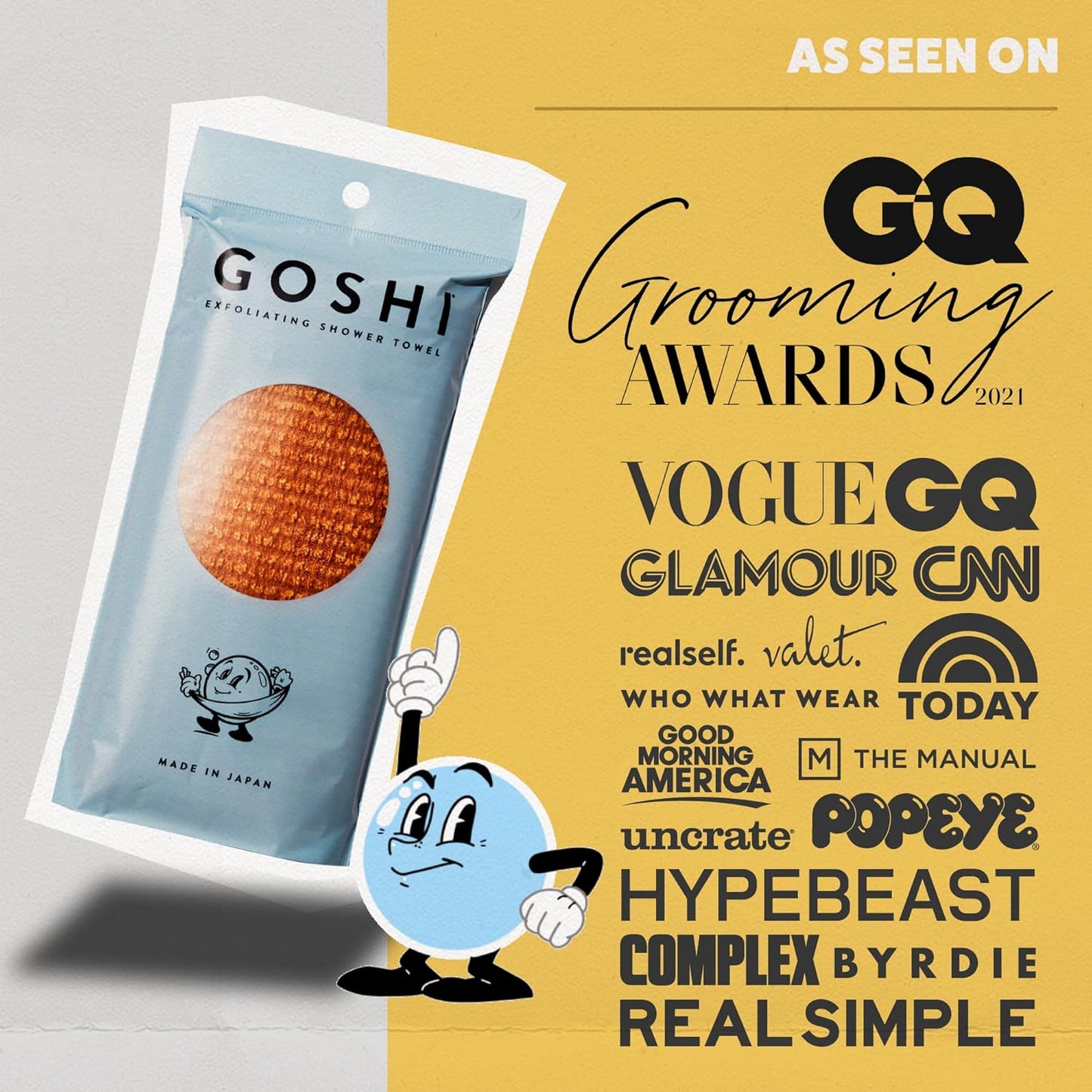 GOSHI Exfoliating Shower Towel - Rip-Resistant Exfoliating Washcloth for All Skin Types - Marigold Yellow - Made in Japan