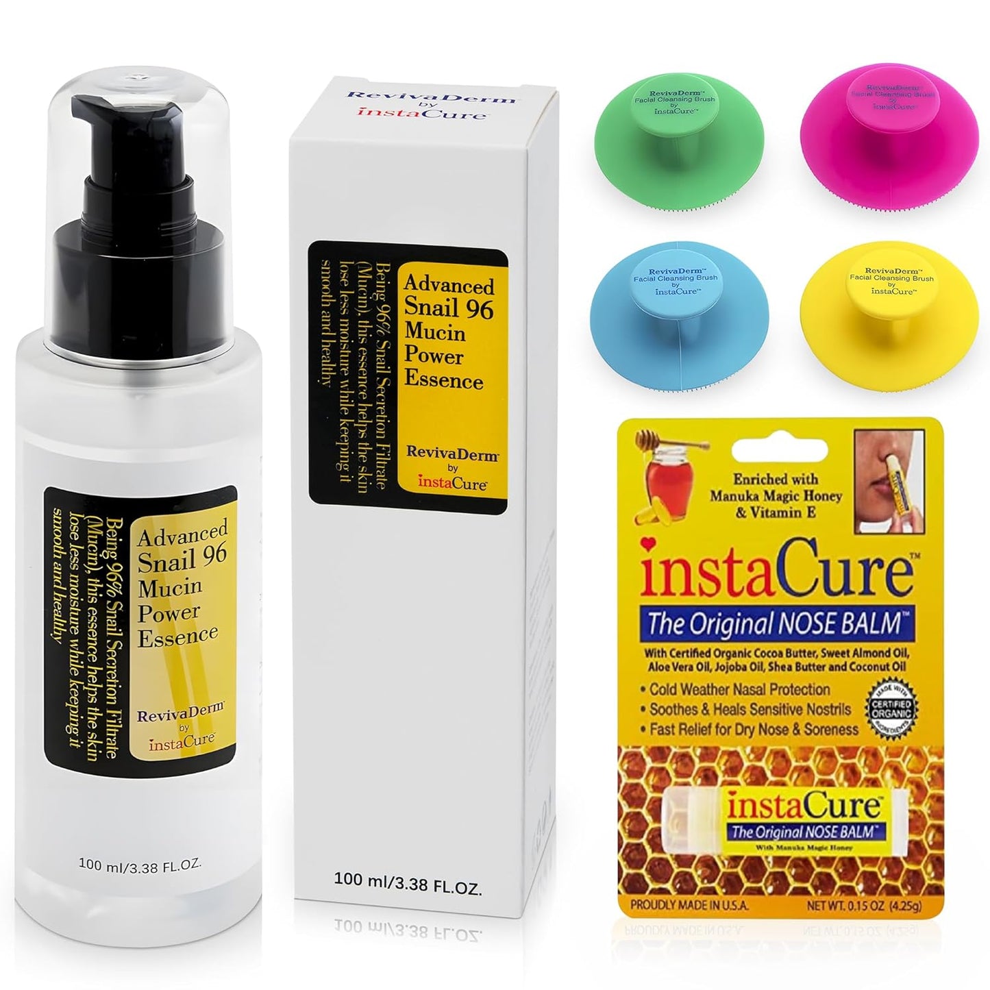 Original Nose Balm, Advanced Snail 96 Mucin Power Essence (3.38 fl oz) Bundle with 4 x Silicone Facial Cleansing Brushes & Matching Gift Box