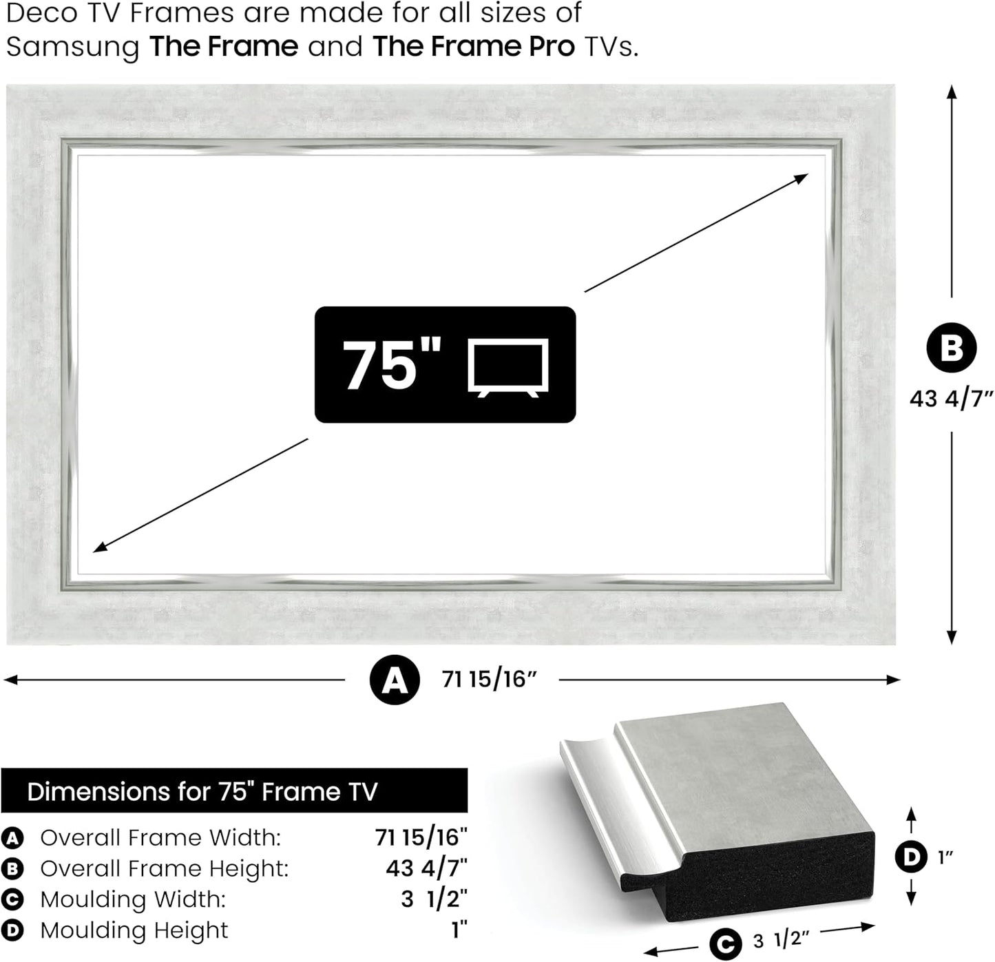Contemporary Silver 75" Premiere Deco TV Frame - Compatible ONLY with Samsung The Frame TV and Pro TVs (Fits 2021-2025, LS03A, LS03B,LS03C,LS03D,LS03FA,LS03FW)