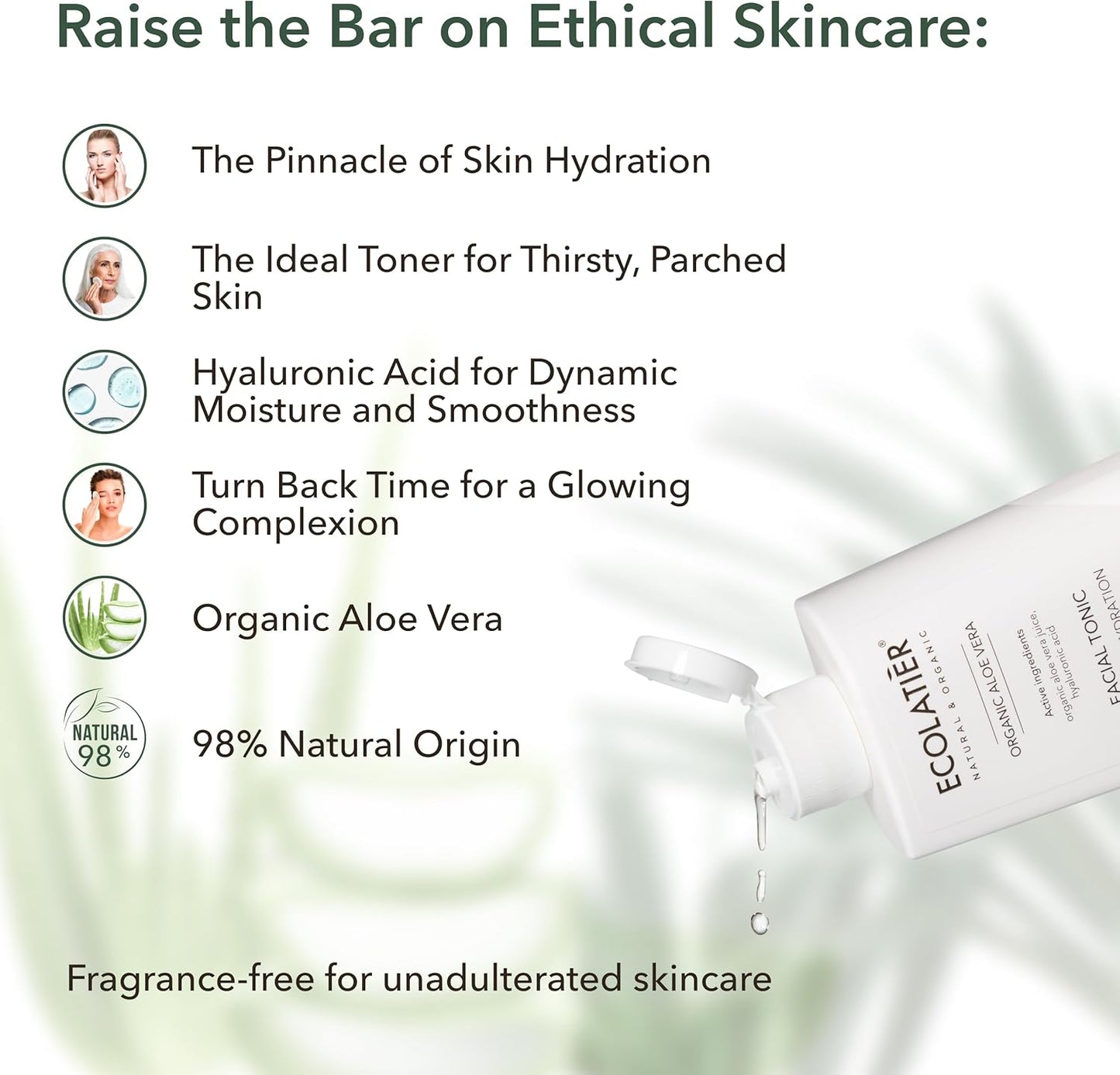 Organic Aloe Vera Facial Toner - 98% Natural Ingredients - Intense Hydration, Hyaluronic Acid, 98% Natural, Vegan - Deep Moisture, Refreshes, and Revitalizes The Skin - 8.5 Fl Oz / 250ml