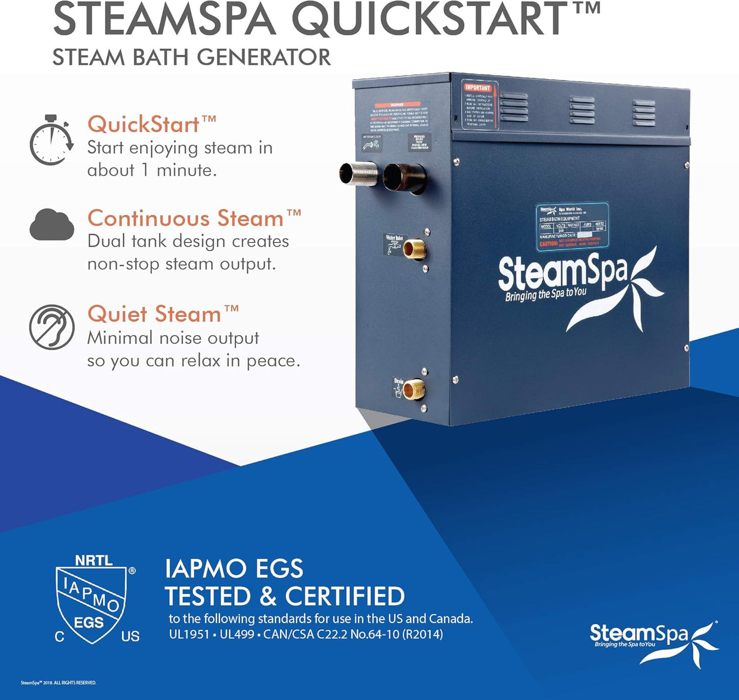 SteamSpa 4.5kW Steam Sauna Generator Executive Bundle 240V Steam Generator with Touch Pad, Steamheads, Pressure Relief Valve, Built-in Auto Drain, LED Light, Filter and Quick Install Kit EXT450BN-A