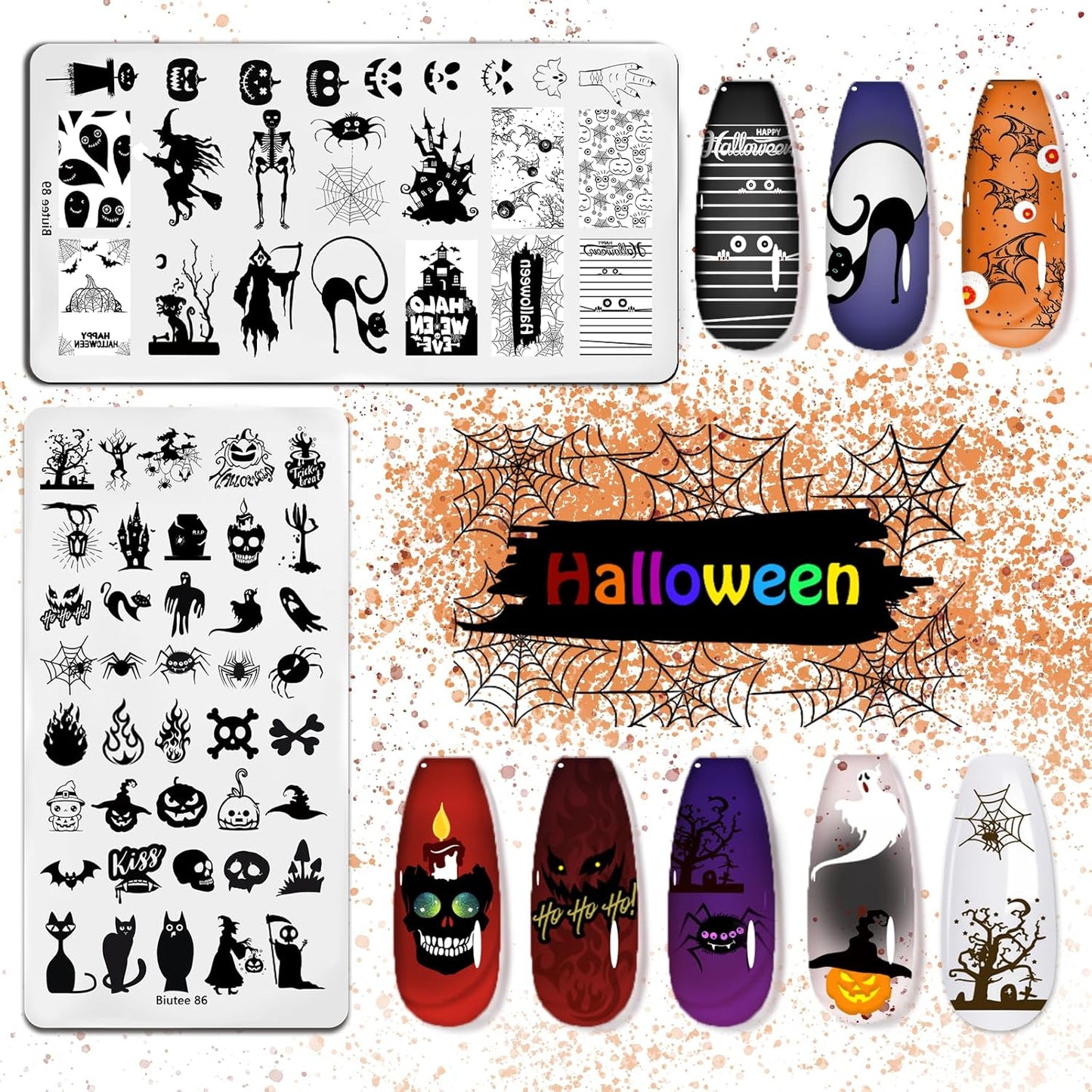Biutee Nail Stamping Plates 8PCS Nail Stamping Polish Gel and Nail Stamper Kit 10 PCS Nail Art Stamper Plates, French Flower Leaves Animal Lace Halloween Design (10 PCS Plates With 8 PCS Gel)