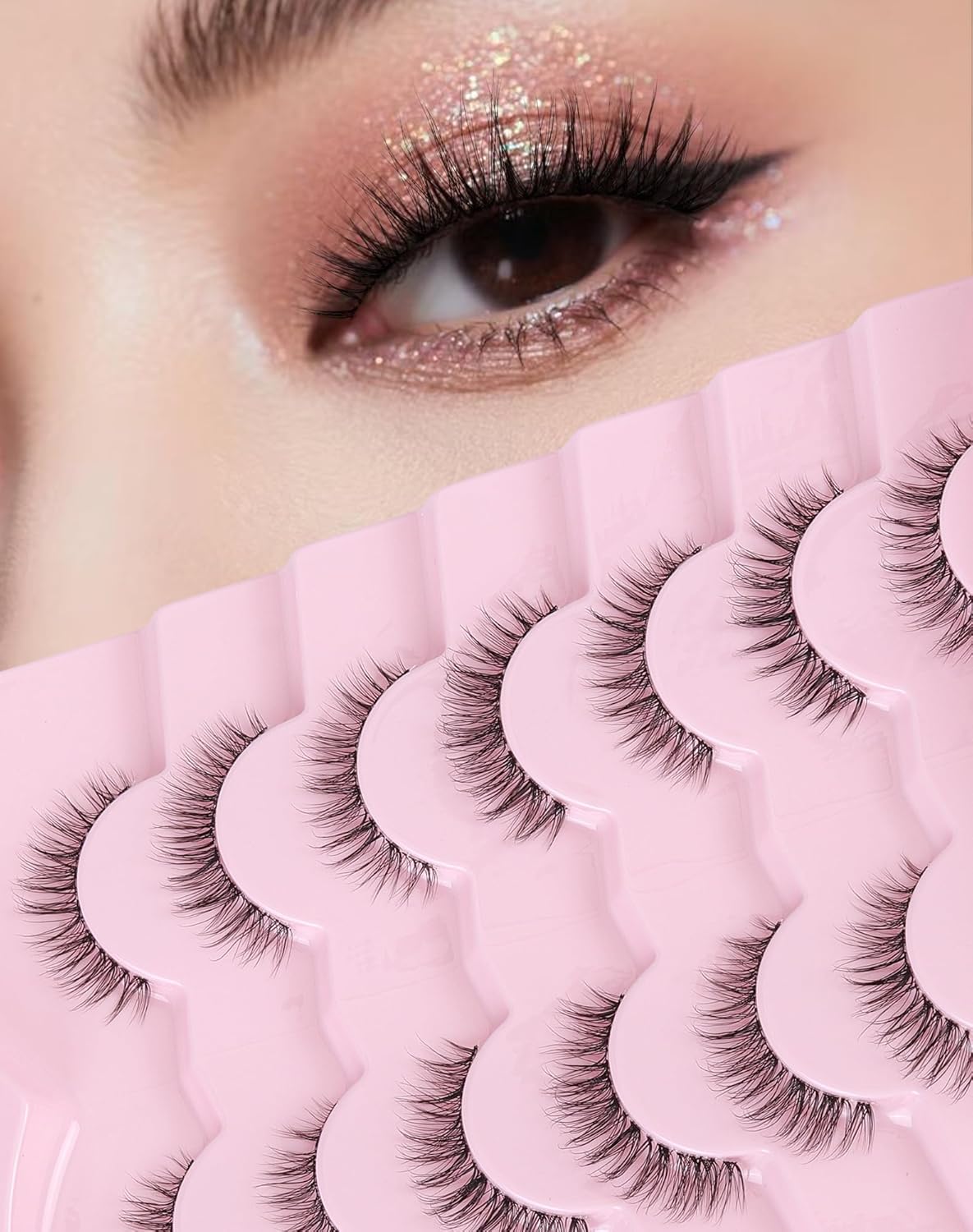 Clear Band Lashes Short Everyday Wispy False Eyelashes Natural Look Flared Strip Eyelash Small Lash Soft Fluffy Pack 7 Pairs SF-06