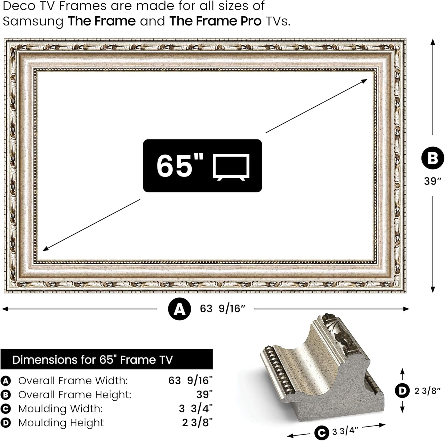Ornate Silver 65" Premiere Deco TV Frame - Compatible ONLY with Samsung The Frame TV and Pro TVs (Fits 2021-2025, LS03A, LS03B,LS03C,LS03D,LS03FA,LS03FW)