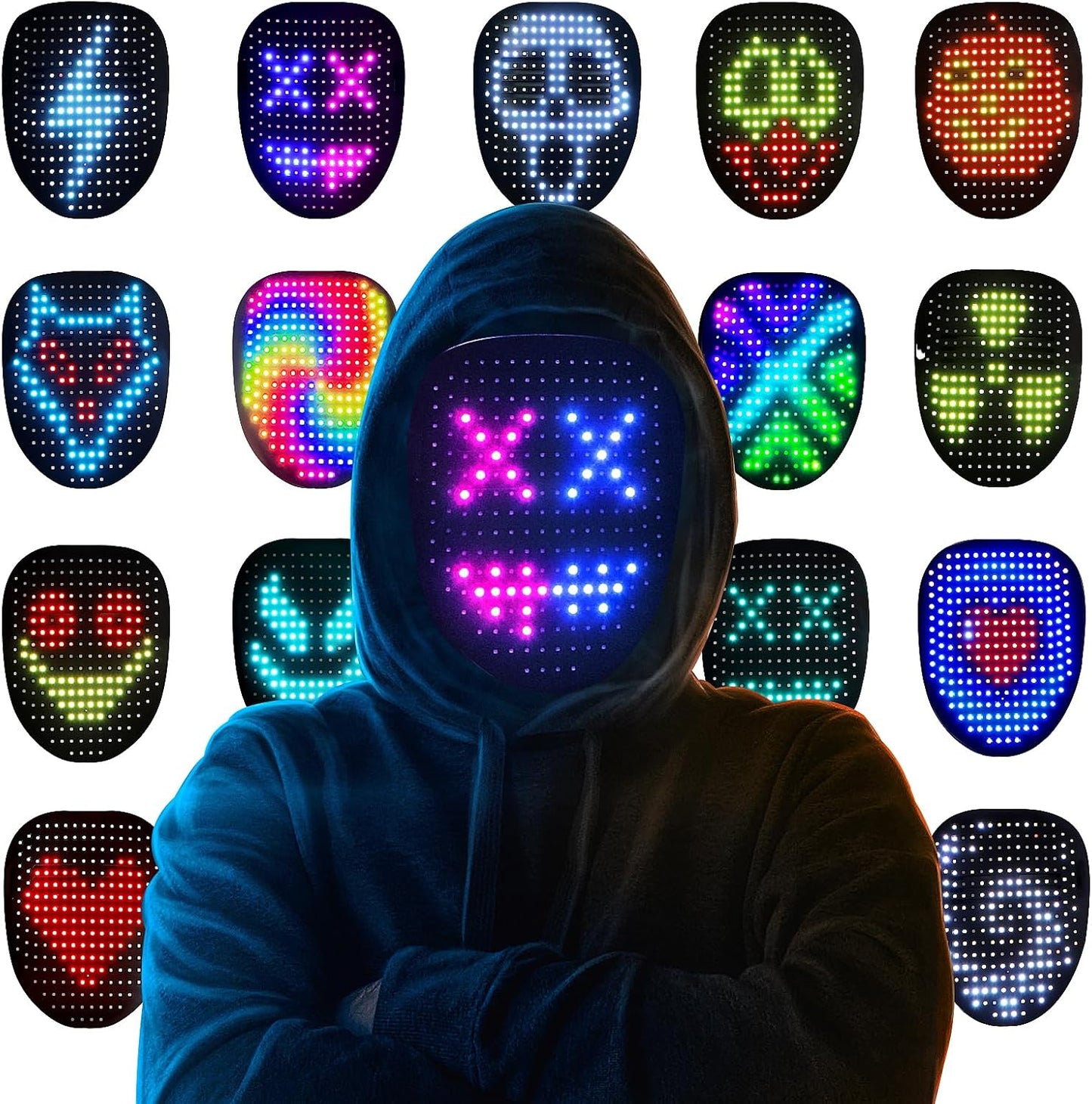 Led Mask Halloween Costume for Kids Adults, Face Transforming Light up Mask with Gesture Sensing, Cool Toys Great Gift for Birthday Costume Party Christmas
