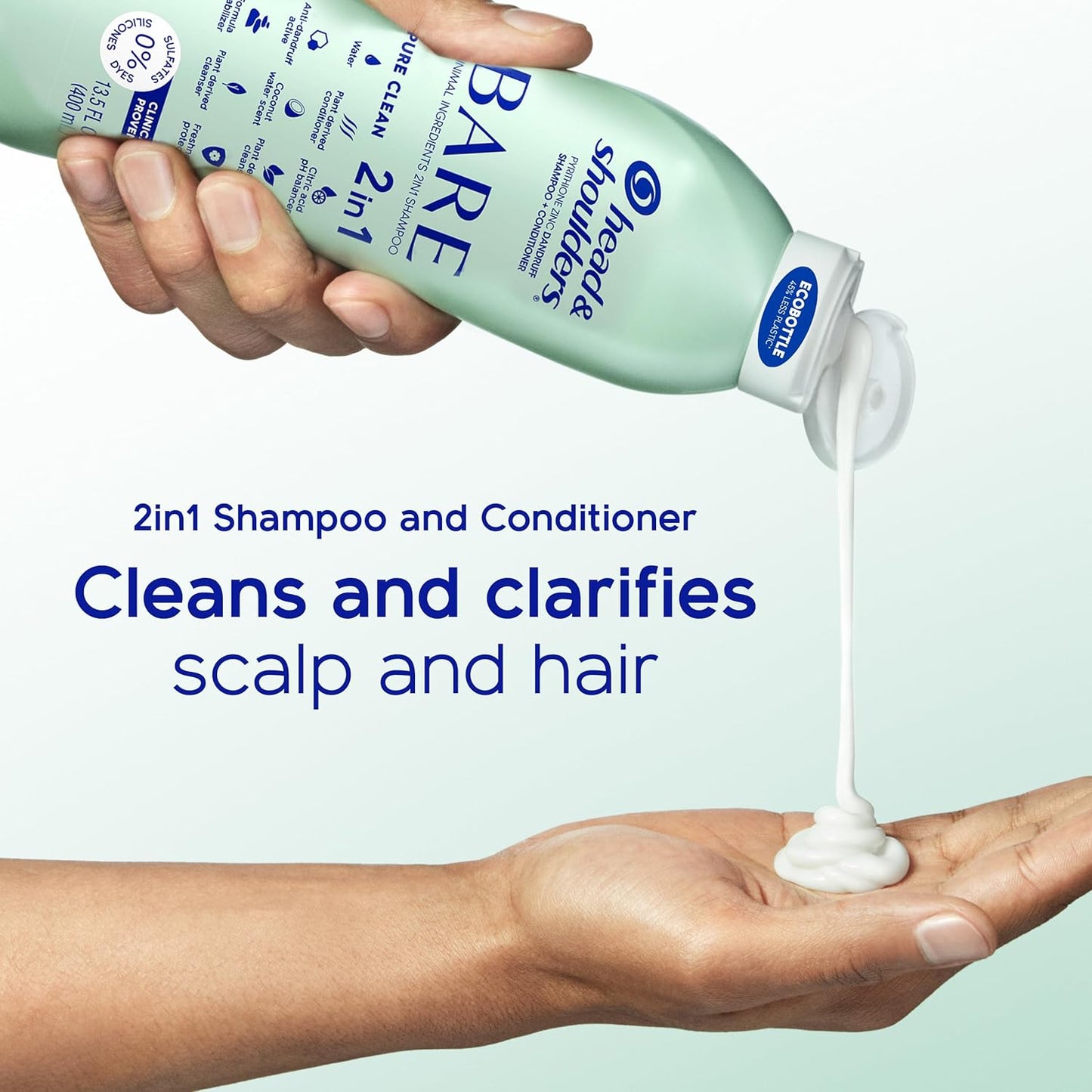 Head & Shoulders BARE 2-in-1 Dandruff Shampoo And Conditioner Twin Pack, Pure Clean, Sulfate-Free, Silicone-Free, Dye-Free, Eco-Friendly Bottles, Safe for All Hair Types, 13.5 Fl Oz Each (Set of 2)