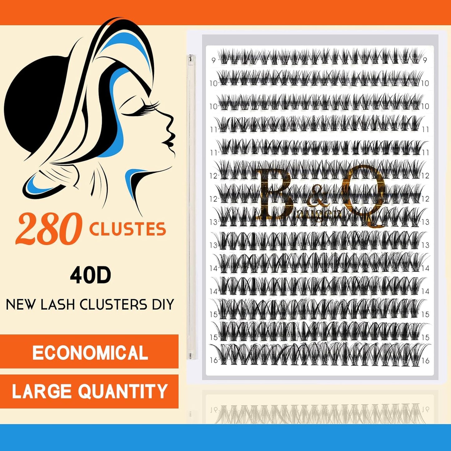 B&Q Lash Clusters 40D-D-9-16MIX Individual Lashes 280 Clusters Manga Lashes False Eyelash DIY Eyelash Extensions at Home (40D-D,9-16MIX)