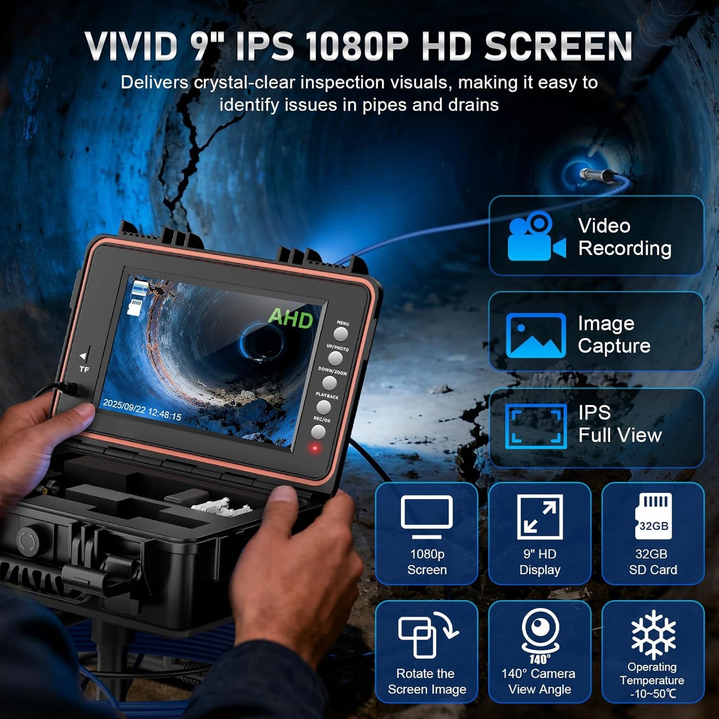 Sewer Camera, Self Leveling Drain Camera 165ft with Meter Counter, 9" HD Plumbing Cameras Snake with 12 LED Lights, 5100mAh Battery, IP68 & 32GB DVR Recorder, Duct Sewer Line Pipe Inspection