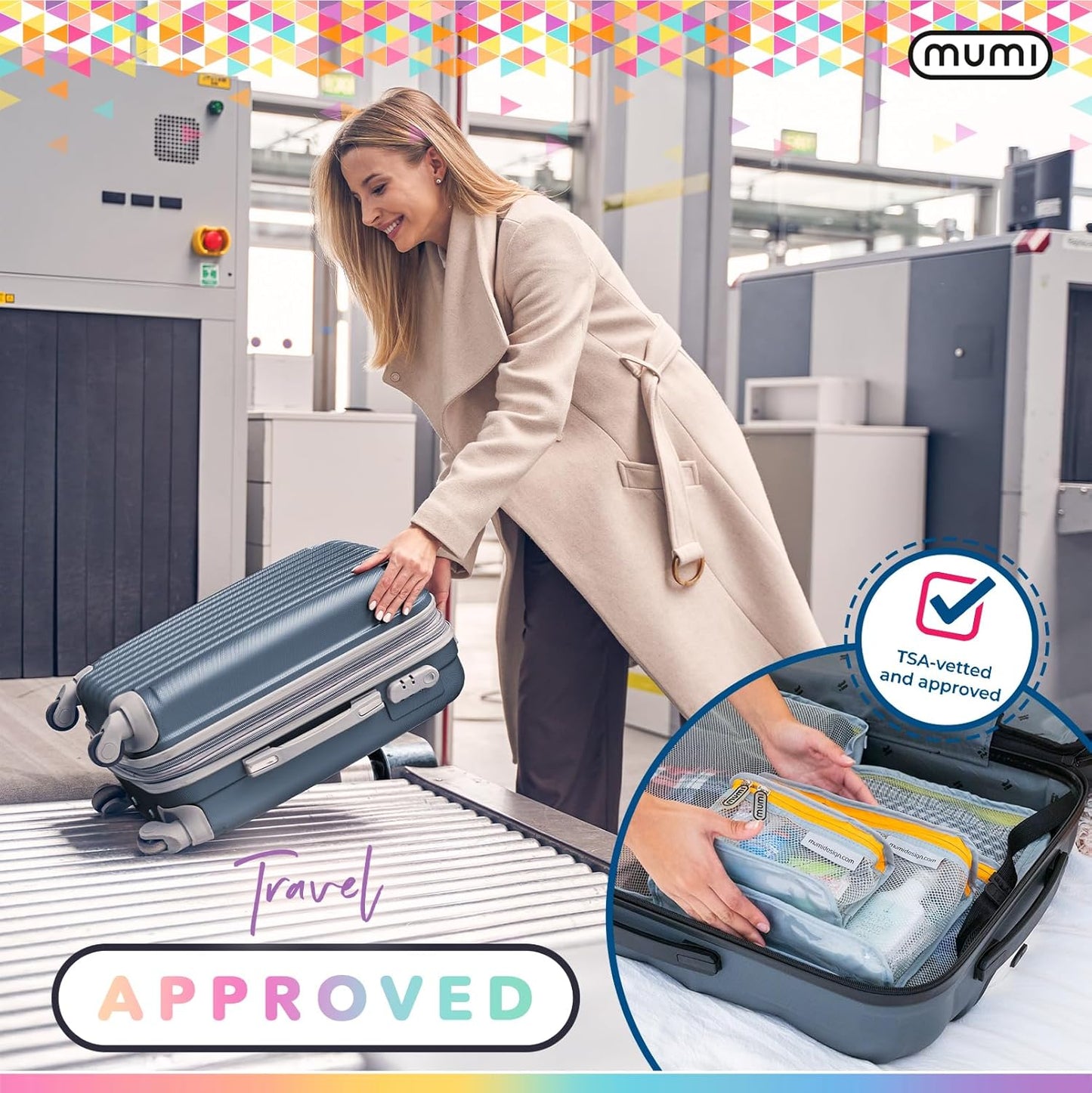MUMI Travel Toiletry Bag Set of 3 – Clear TSA Approved Toiletry Bags for Women – Reusable Water-Resistant Makeup Organizer Pouches for Skincare, Cosmetics, Travel Accessories, Airport Packing - Blue