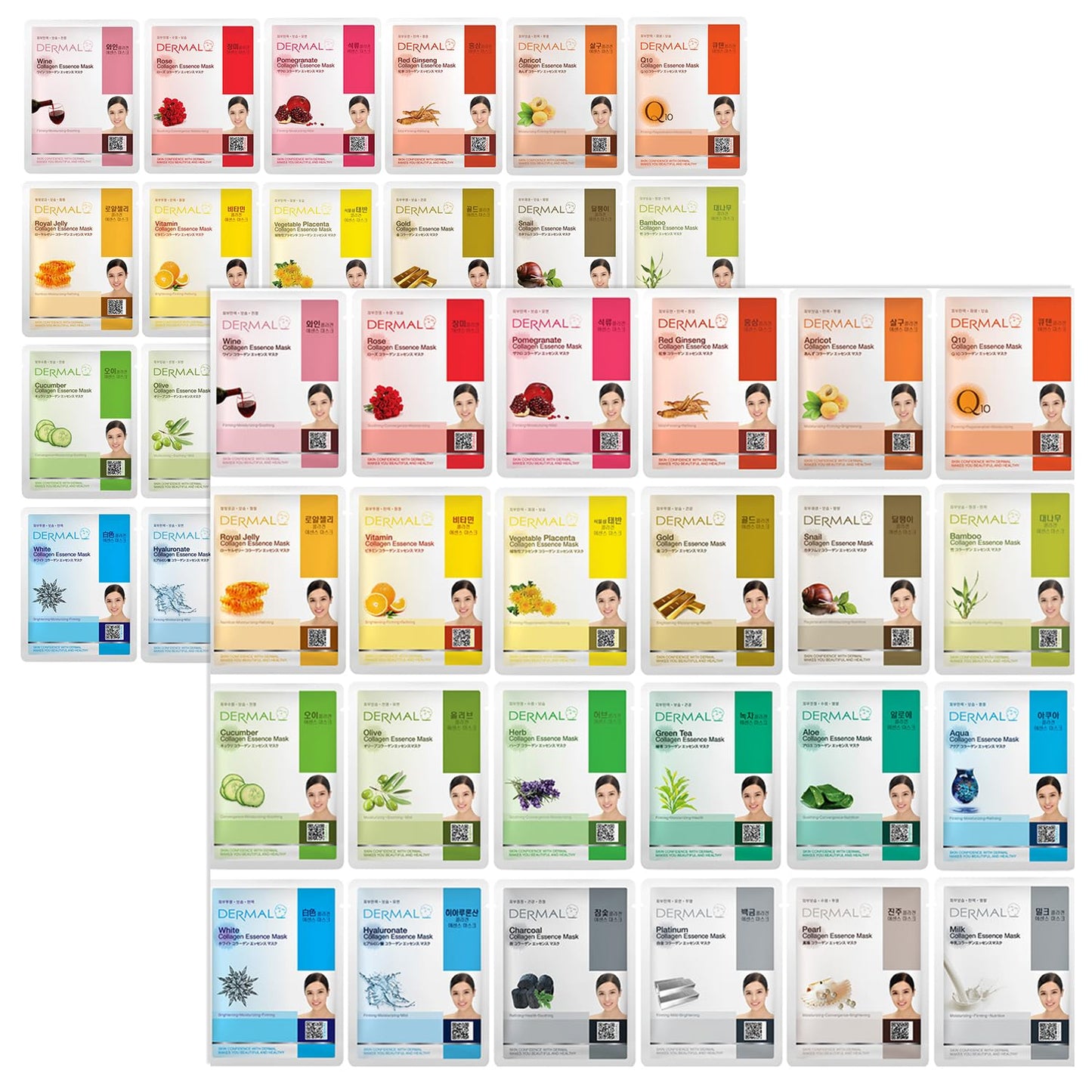 DERMAL Korean Collagen Face Mask – Hydrating & Soothing Sheet Mask with Panthenol – Hypoallergenic Calming Moisture Care for All Skin Types – 48 Combo Pack