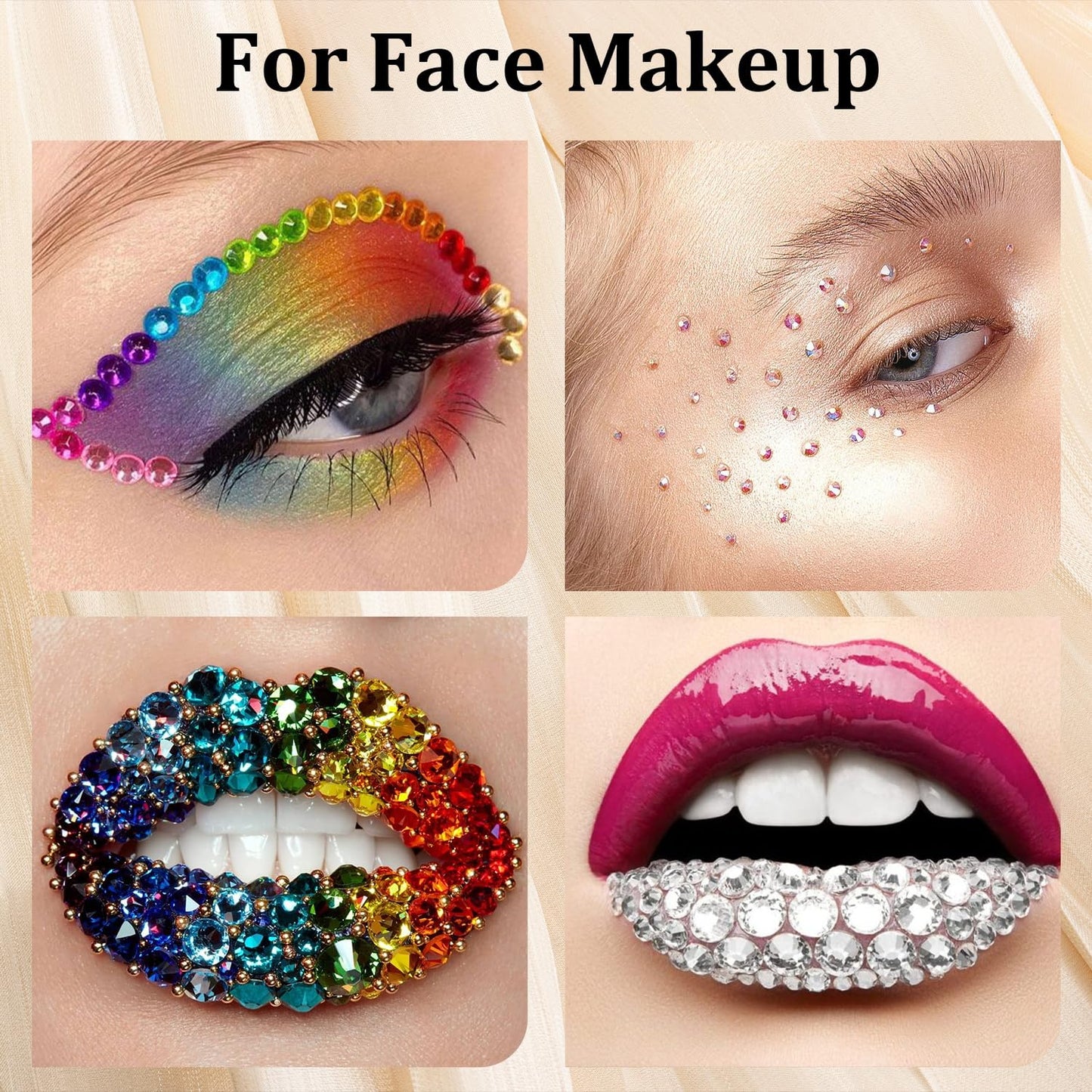 Colorful Face Gems for Makeup Set, Flatback Gorgeous Charming AB Glass Gem+Clear Glass Gem with Makeup Glue+Picker Pencil+Tweezer+Dual-End Dotting Tool for Eye Body Hair Make-up and Nail Art Deco
