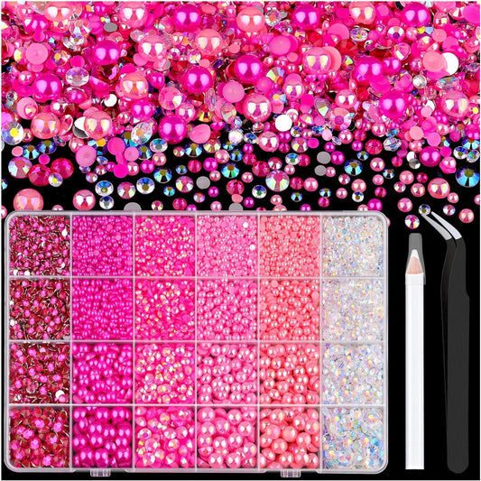 9000PCS Flatback Pearls and Rhinestones for Crafting, Dark Pink Mixed Size 3-10mm Resin Rhinestones and Half Pearls for Bedazzling, Nail Art and Decoration with Tweezer and Pickup Pencil