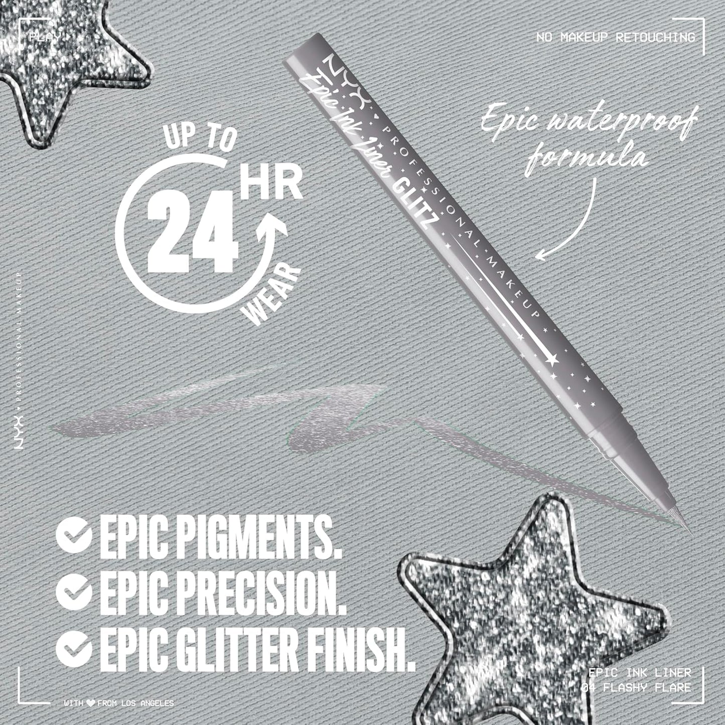 NYX PROFESSIONAL MAKEUP Epic Ink Glitz Liner, Waterproof Metallic Liquid Eyeliner with Vegan Formula - Flashy Flare (Shimmer Light Grey)