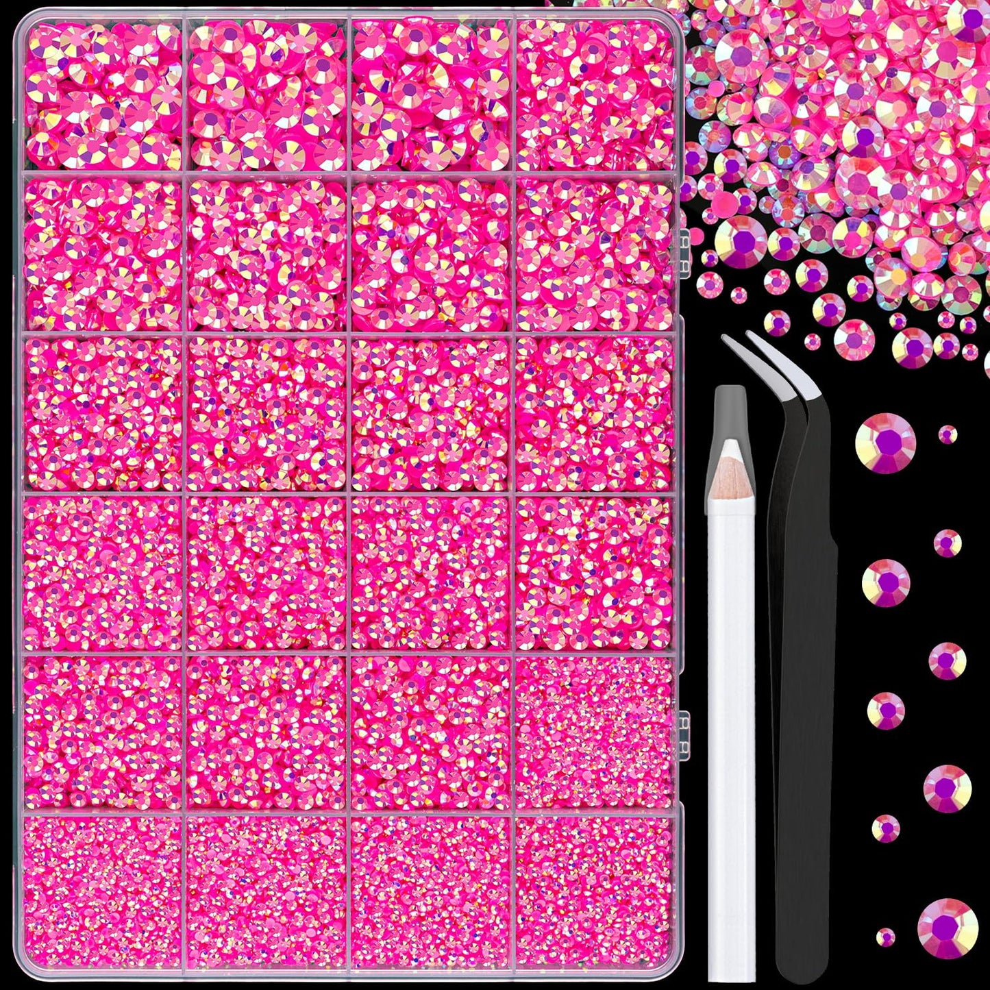 25000Pcs Resin Jelly Rhinestones with Tweezers for Crafting, Hot Pink AB 2-6mm Mixed Sizes Non Hotfix Flatback Gems, Bedazzling Crystal for DIY Crafts Clothing Tumblers Mugs Shoes Decor Nail Art