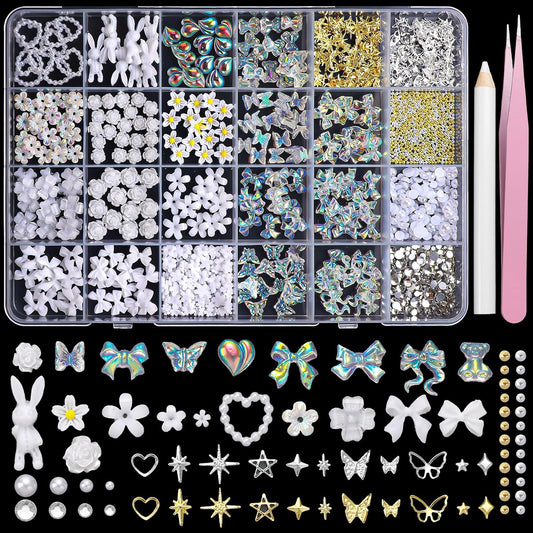 3D Nail Charms and Gems, Mix Flower Bow Heart Colorful Acrylic Nail Art Charms, Mix Nail Pearl Rhinestones and Caviar Beads for Nails, Cute Hollow Pearls Jewelry for Art Design DIY Crafts