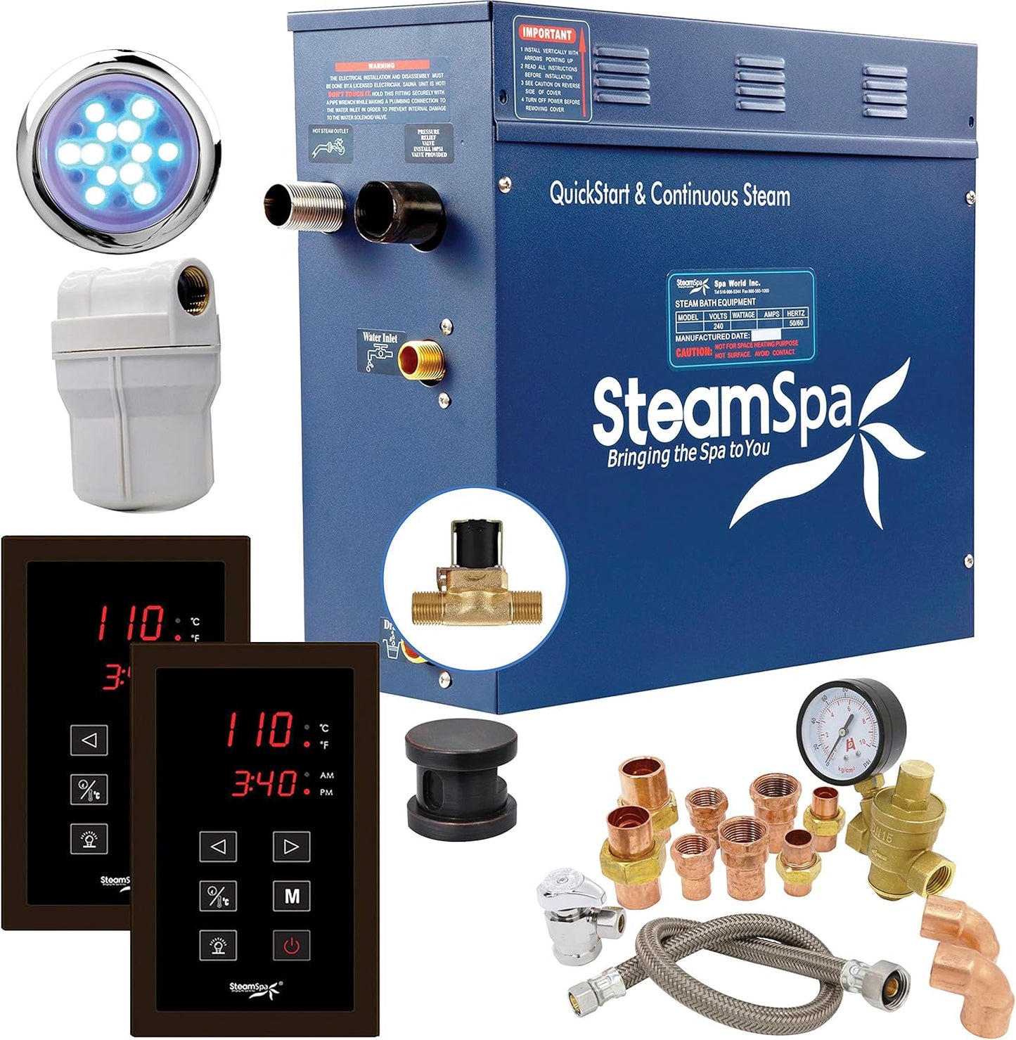 SteamSpa 4.5kW Steam Sauna Generator Executive Bundle 240V Steam Generator with Touch Pad, Steamheads, Pressure Relief Valve, Built-in Auto Drain, LED Light, Filter and Quick Install Kit EXT450OB-A
