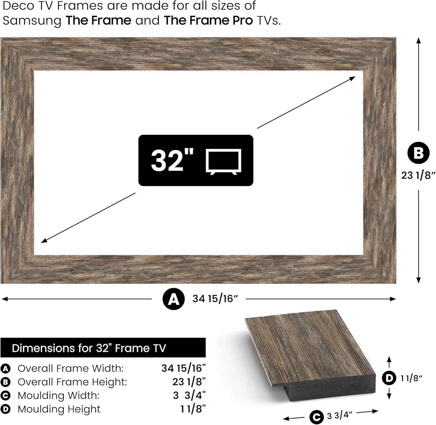 Distressed Barnwood 32" Premiere Deco TV Frame - Compatible ONLY with Samsung The Frame TVs (Fits 2021-2025, LS03A, LS03B, LS03C, LS03D, LS03FA)