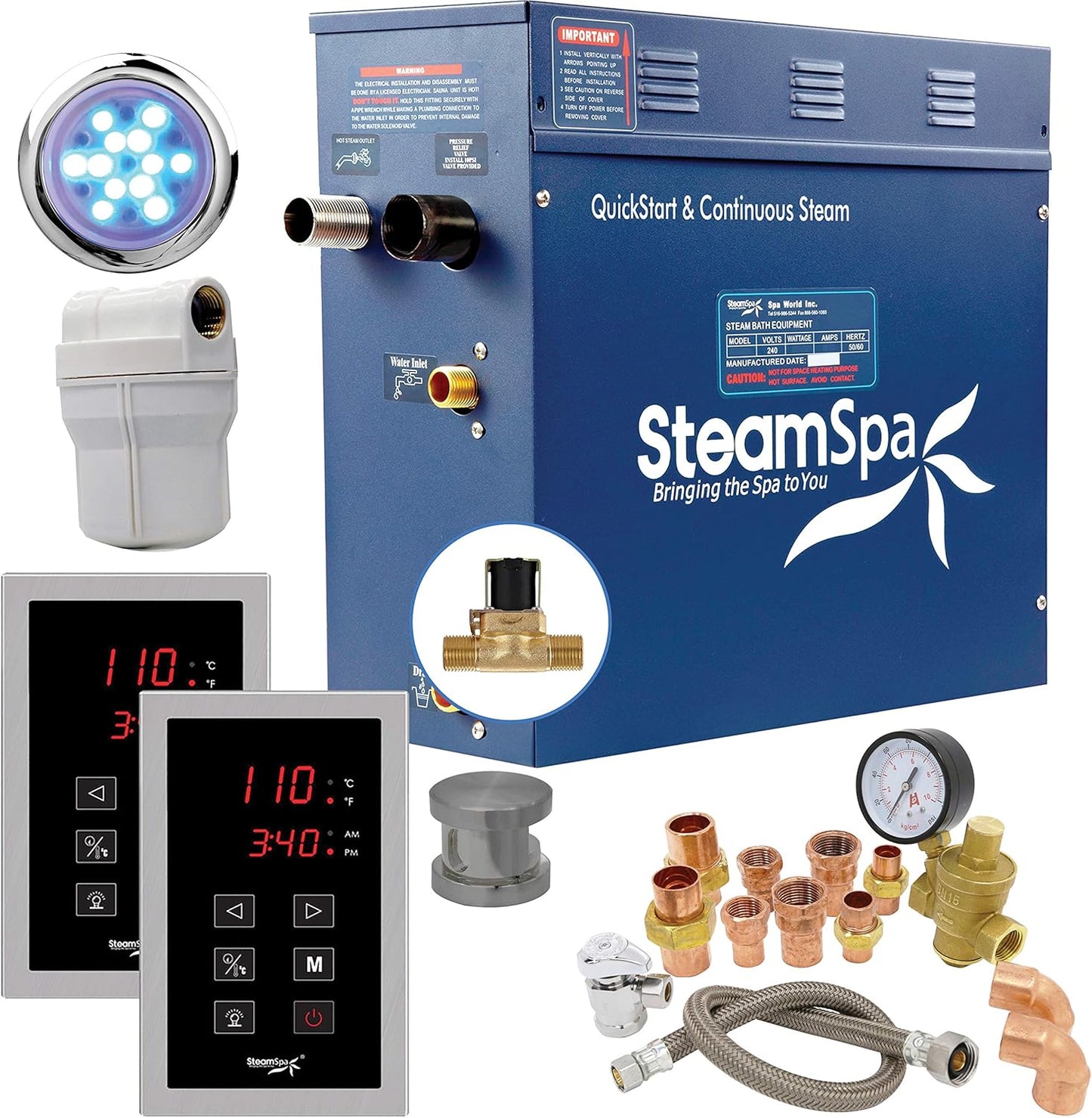 SteamSpa 6kW Quickstart ACU-Steam Bath Generator, Touch Pad Control Panel, Steamhead, Pressure Relief Valve, LED Light, Filter, Built in Auto Drain and Plumber Ready Quick Install Kit EXT600BN-A