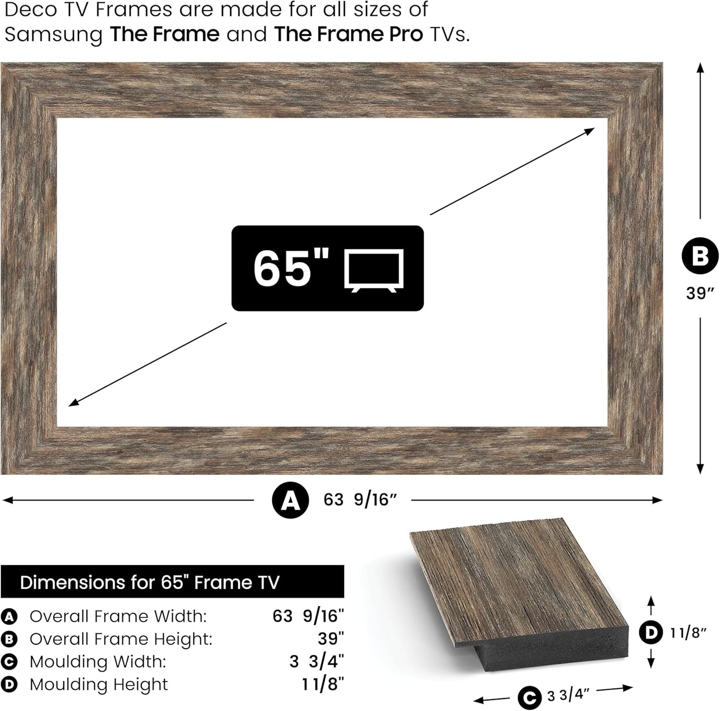 Distressed Barnwood 65" Premiere Deco TV Frame - Compatible ONLY with Samsung The Frame TV and Pro TVs (Fits 2021-2025, LS03A, LS03B,LS03C,LS03D,LS03FA,LS03FW)